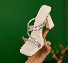 Chunky Heeled Slide Sandals with Toe Strap