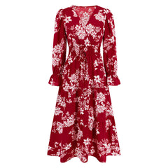 V-neck Lace Up Floral Dress with Waist Trimming