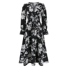 V-neck Lace Up Floral Dress with Waist Trimming