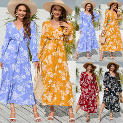 V-neck Lace Up Floral Dress with Waist Trimming
