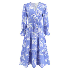 V-neck Lace Up Floral Dress with Waist Trimming