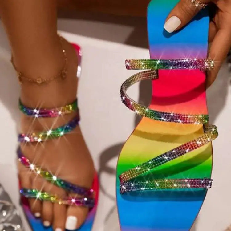 Colorful Rhinestone Flat Bottom Square Head Slippers