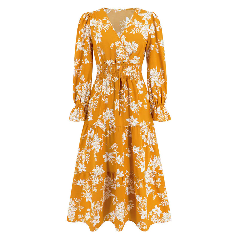 V-neck Lace Up Floral Dress with Waist Trimming
