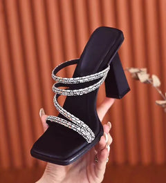Chunky Heeled Slide Sandals with Toe Strap